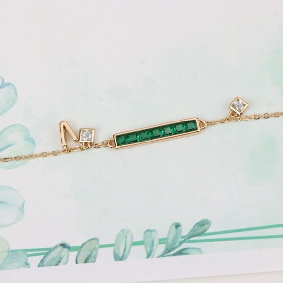"Emerald Green Bar Charm Rose Gold Bracelet with CZ Accents, XPBL0806 - Picture 11 of 11